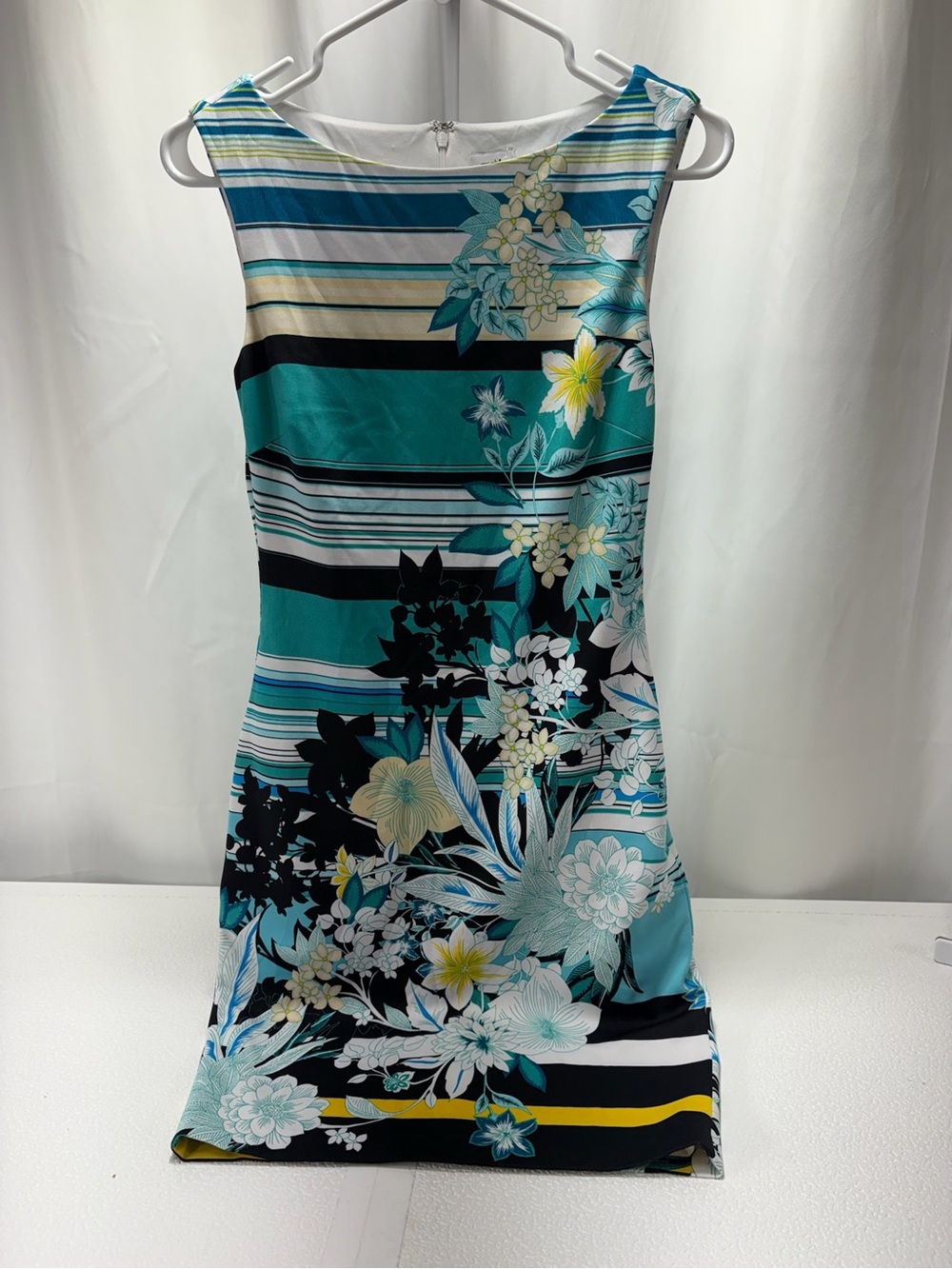 Cache Teal and Black Striped Floral Midi Dress 4393